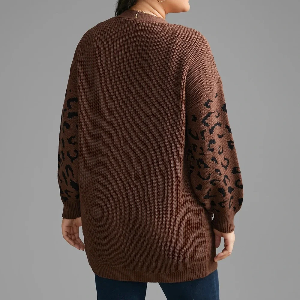 Bloomchic Brown Leopard Print Lantern Sleeve Cardigan Sweater‎ - Picture 3 of 9